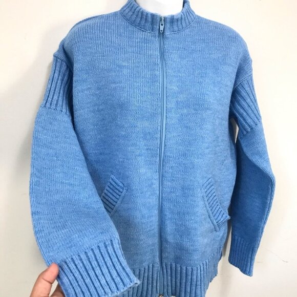 Cooper Blue Pastel Wool Blend Knit High Neck Zip Up Sweater Cardigan Women M - Picture 5 of 12